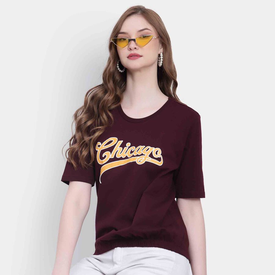 Printed Round Neck T-Shirt, Wine, large image number null