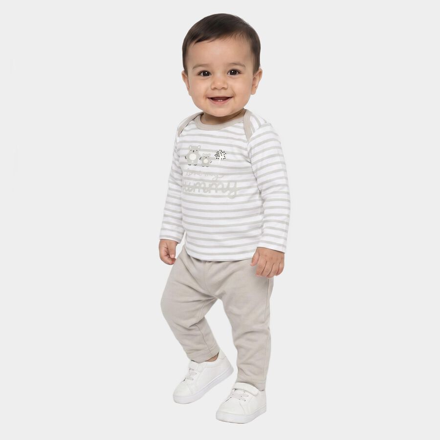 Infants' Grey 100% Cotton Round Neck Striped Baba Suit, हल्का ग्रे, large