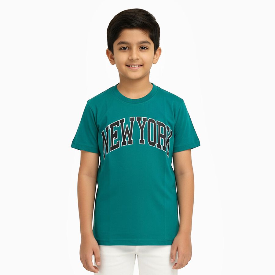 Boys Vibrant Teal Green Crew Neck Casual T-Shirt, गहरा हरा, large image number null