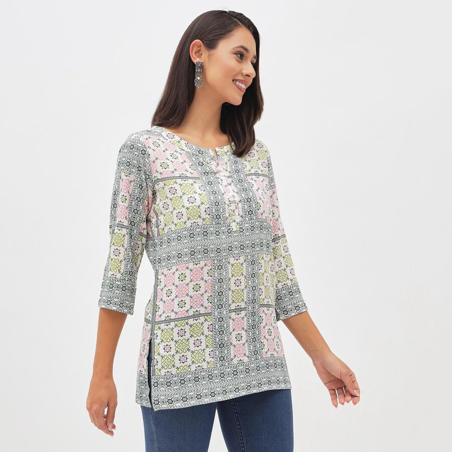 Women's Ivory Round Neck Printed Kurti, Off White, large image number null