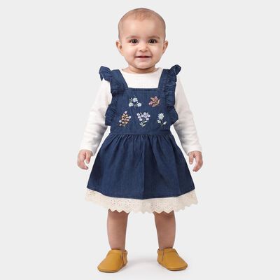 Infants' Navy Blue Fit and Flare Embroidered Ruffle Strap Frock