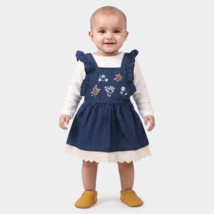 Infants' Navy Blue Fit and Flare Embroidered Ruffle Strap Frock, मध्यम नीला, large