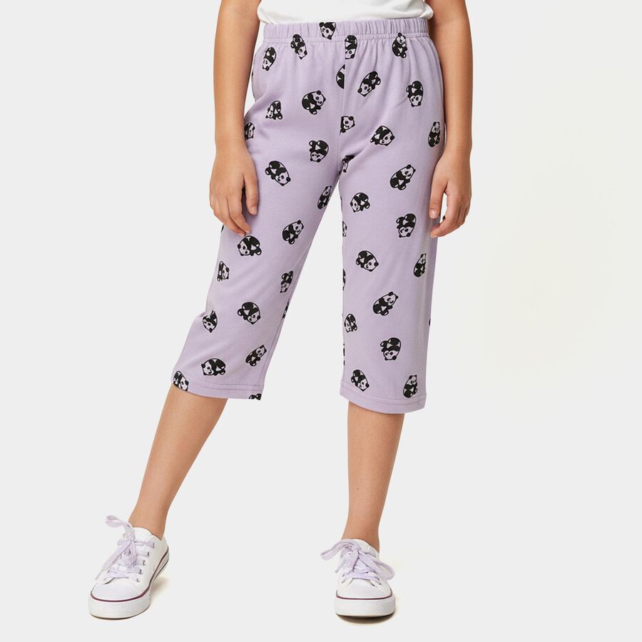 Girls' Lavender Regular Fit Panda Printed Elastic Waist Capri, Lilac, large