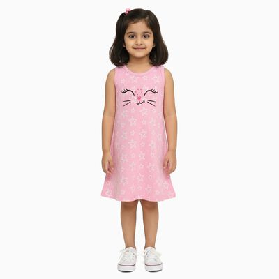 Girls' Pink Star Printed Sleeveless A-Line Frock