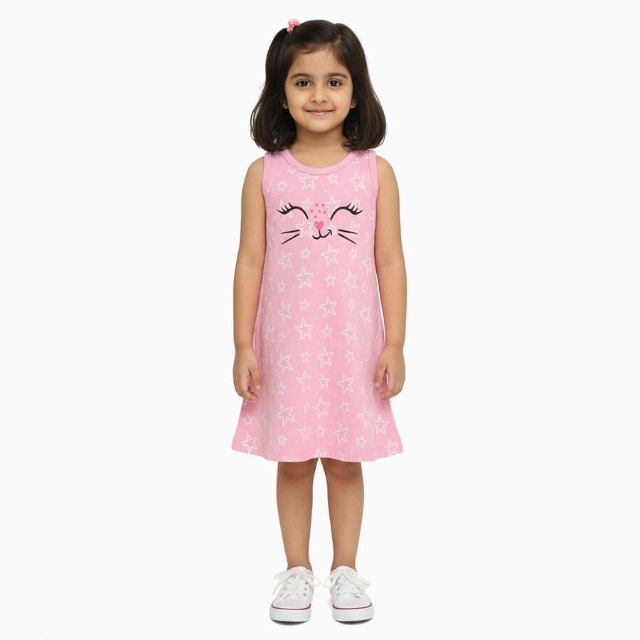 Girls' Pink Star Printed Sleeveless A-Line Frock, लाइलेक, large image number null
