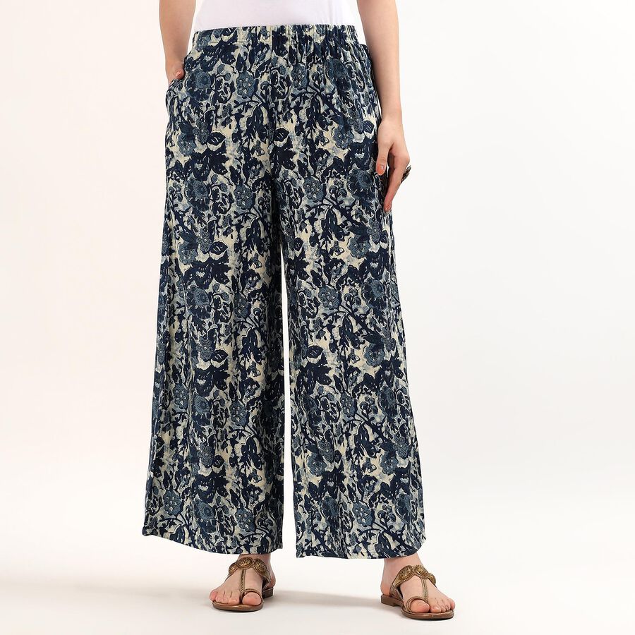 Women's Navy Blue Relaxed Fit Printed Palazzos, ऑफ व्हाइट, large
