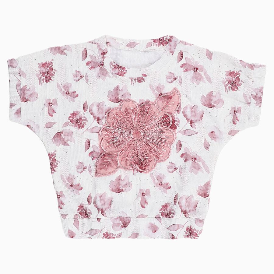 Girls Off White Round Neck Casual T-Shirt, Off White, large