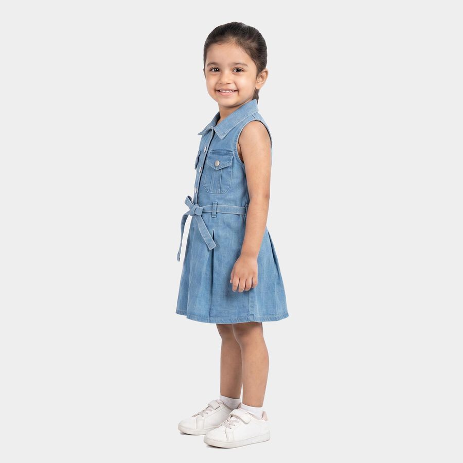 Girls' Light Blue Fit and Flare Belted Shirt Collar Frock, Light Blue, large