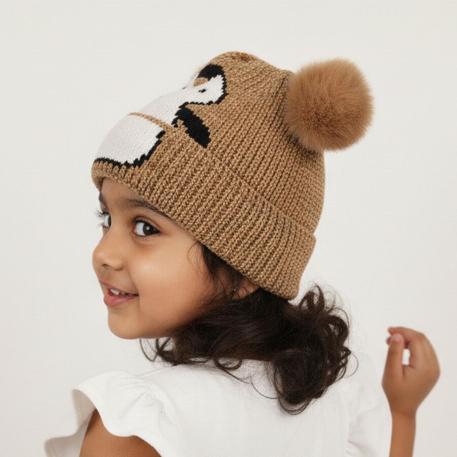 Girls Winter Cap, Brown, large image number null