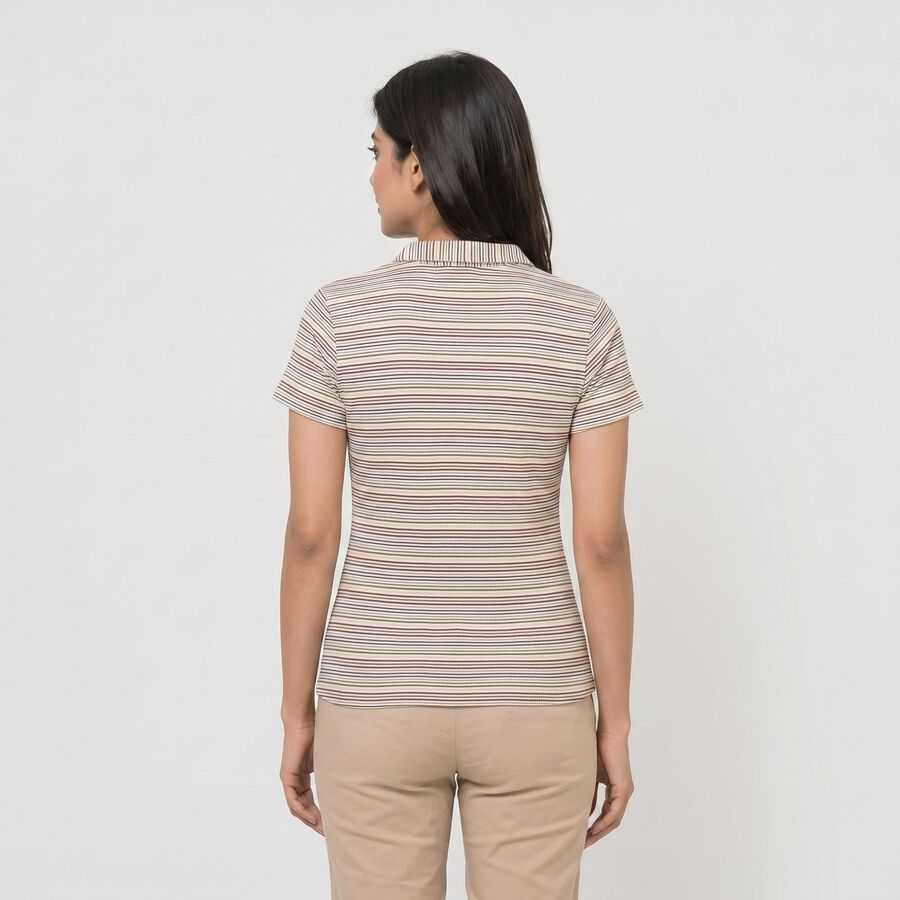 Women's Wine Polo Neck Striped Polo T-Shirt, Wine, large