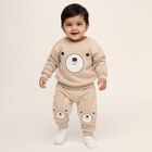Infants' Beige Cotton Blend Raglan Sleeve Bear Print Baba Suit, Ecru Melange, small image number null