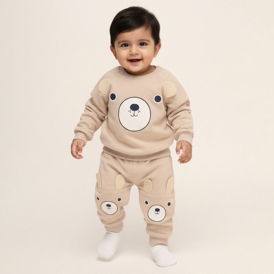 Infants' Beige Cotton Blend Raglan Sleeve Bear Print Baba Suit, Ecru Melange, large image number null