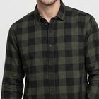 Men's Olive Green Cotton Long Sleeve Checked Shirt, Dark Green, small
