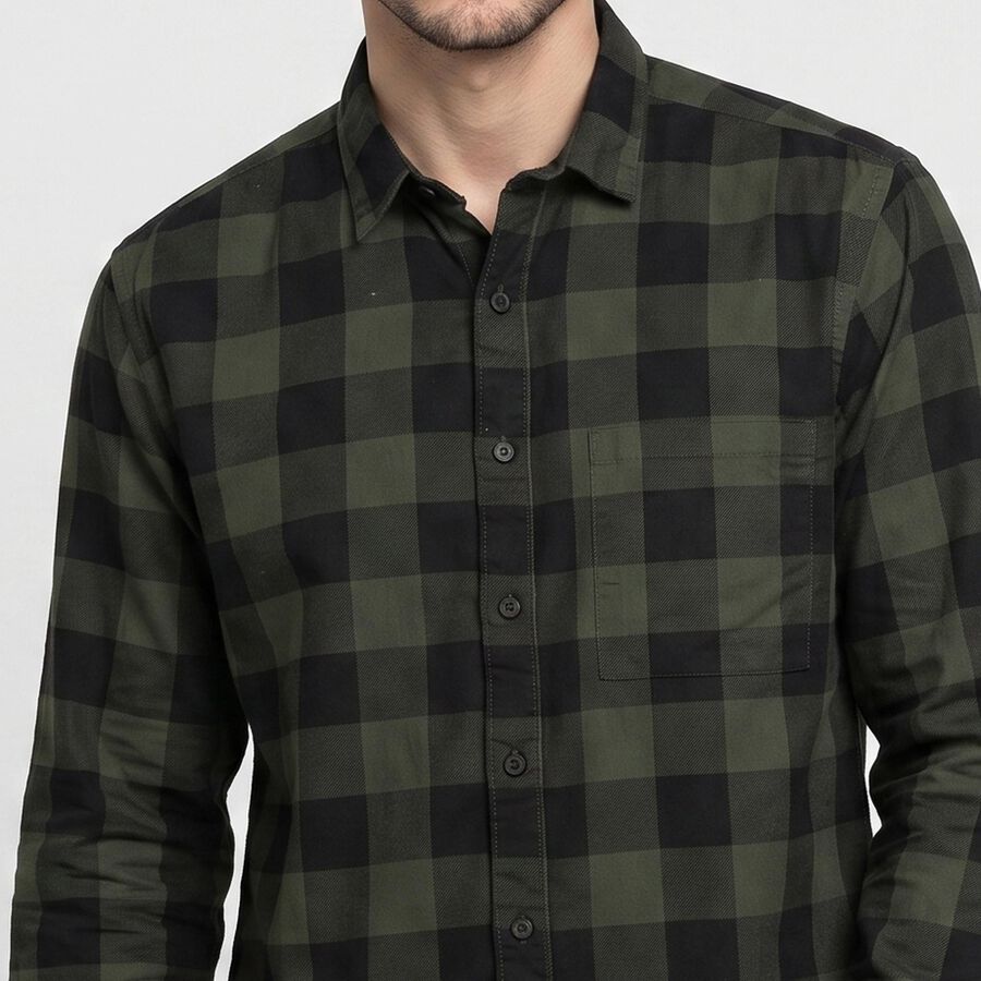 Men's Olive Green Cotton Long Sleeve Checked Shirt, Dark Green, large
