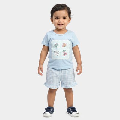 Infants Light Blue Cotton Crew Neck Short Set Upper and Bottom Set