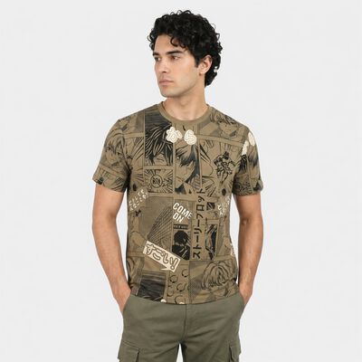 Men's Olive Green Cotton Round Neck Regular T-Shirt