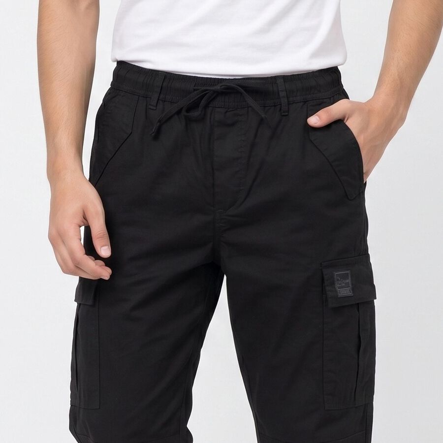 Men's Black Slim Fit Cargo Trousers, काला, large