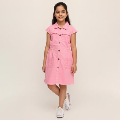 Girls' Soft Pink Button-Down Casual Frock
