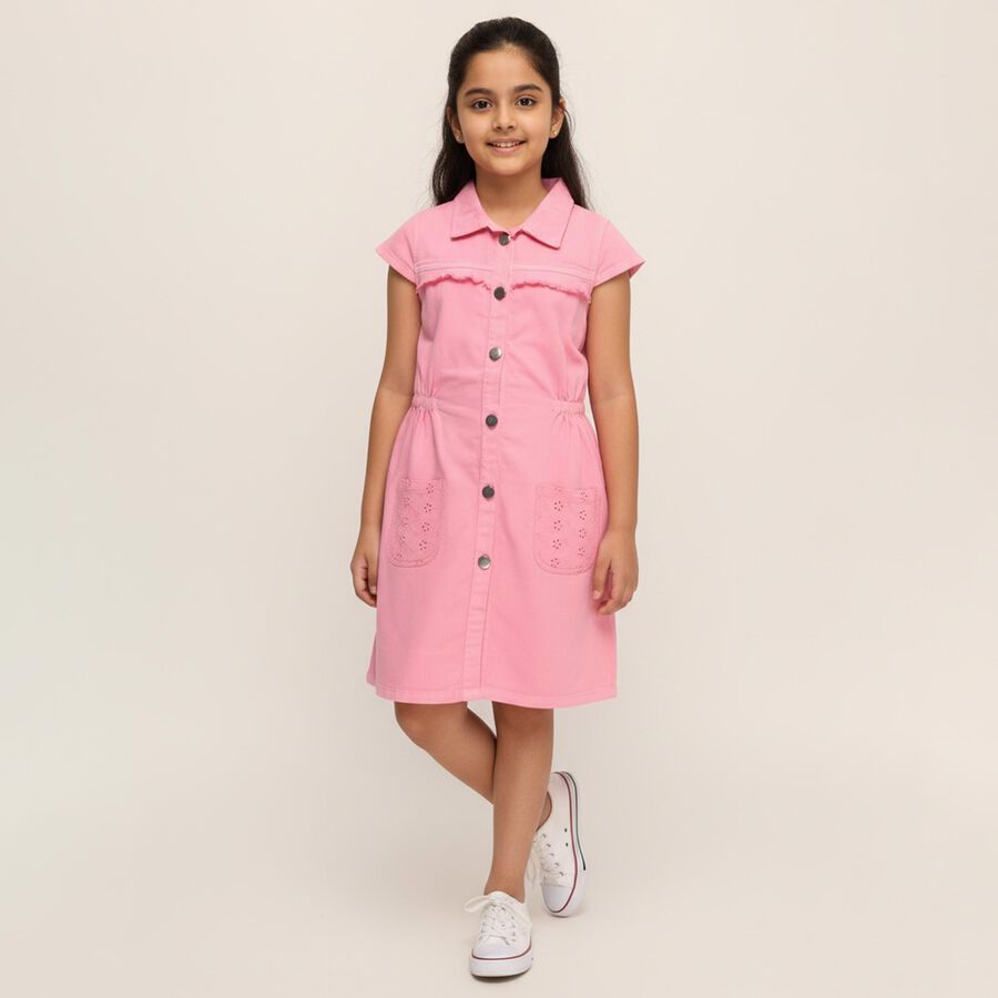 Girls' Soft Pink Button-Down Casual Frock, हल्का गुलाबी, large image number null