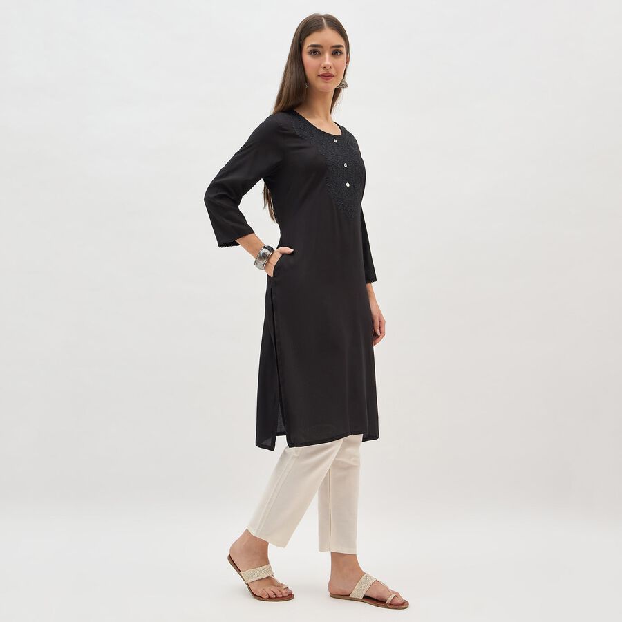 Women's Jet Black Round Neck Embroidered Kurta, Black, large image number null