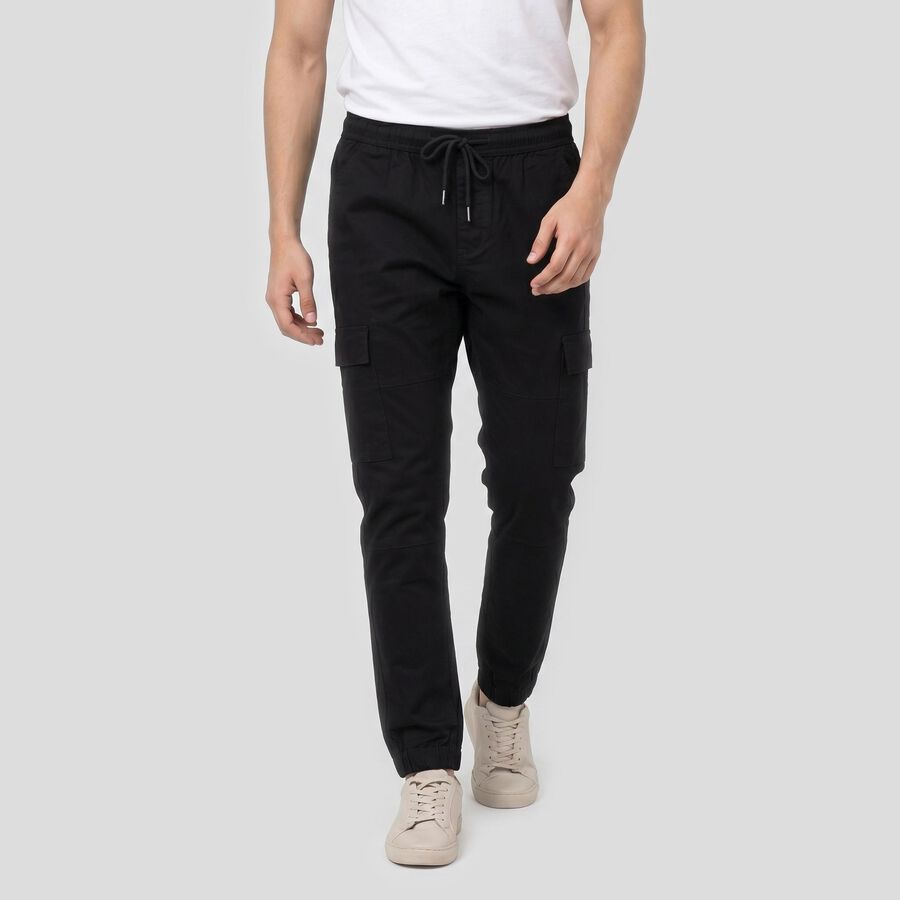 Men's Black Slim Fit Cargo Trousers, Black, large