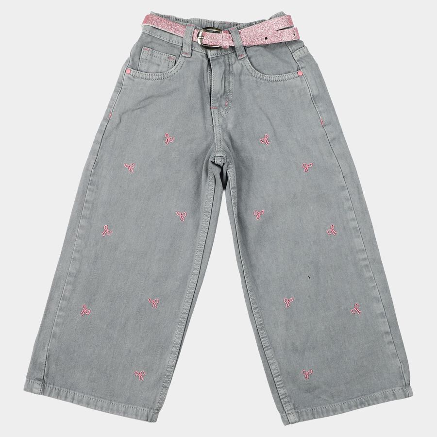 Girls' Grey Straight Fit Embroidered Jeans, Light Grey, large
