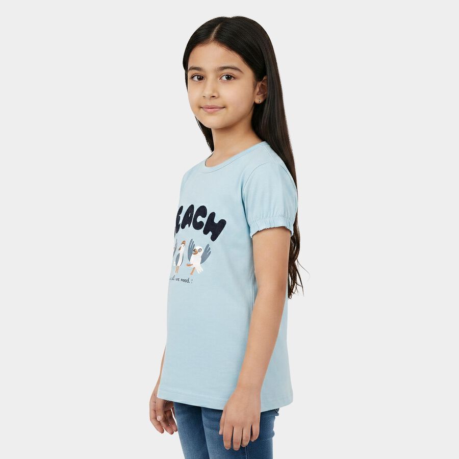 Girls Light Blue Cotton Round Neck Regular T-Shirt, Light Blue, large
