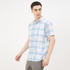 Men's Blue Cotton Half Sleeve Spread Collar Casual Shirt, हल्का नीला, small