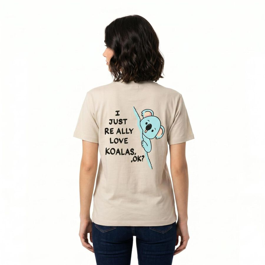 Women Beige Cotton Round Neck Regular T-Shirt, गहरा पीला, large