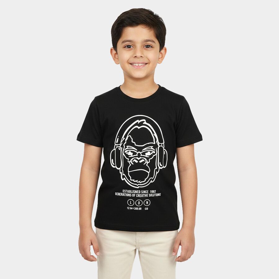 Boys Black Round Neck Casual Boys T-Shirt, काला, large