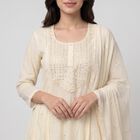 Women's Cream Cotton Embellished Kurta Set Ethnic Set, ऑफ व्हाइट, small