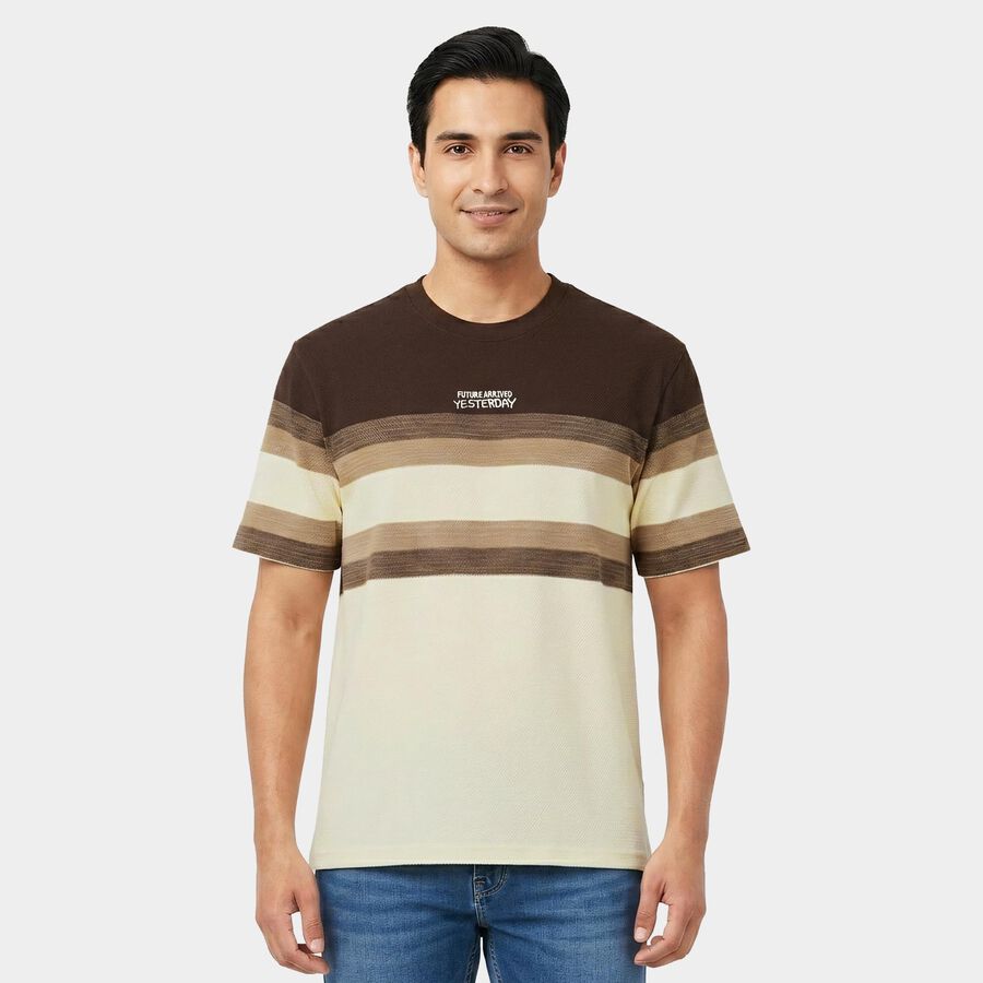 Men's Cream Round Neck Regular T-Shirt, ऑफ व्हाइट, large