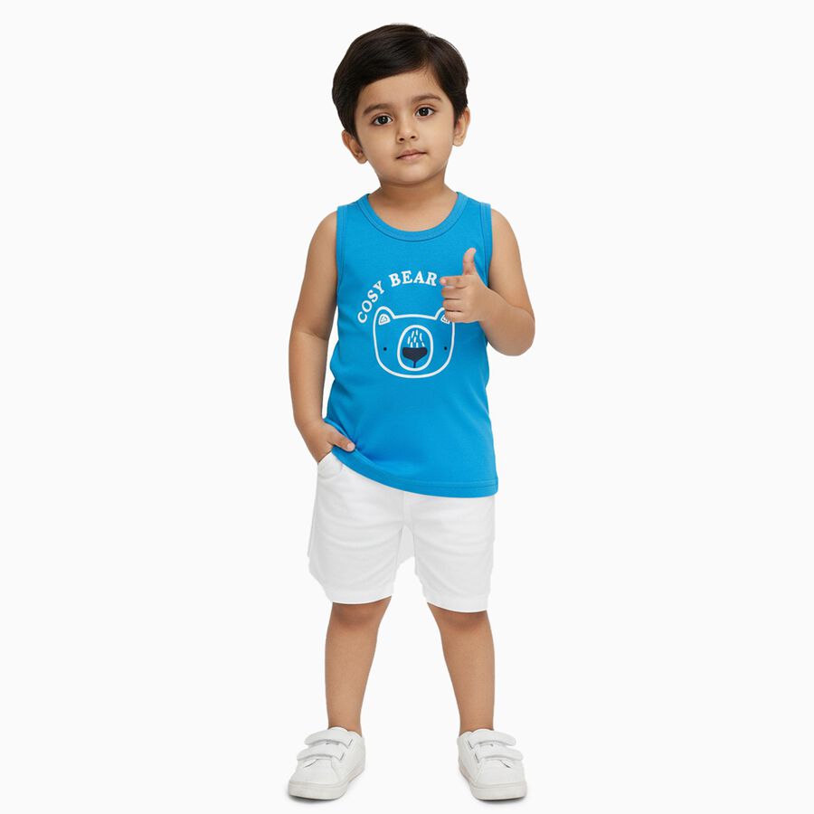 Infants Bright Blue Cotton Round Neck Casual Vest, मध्यम नीला, large image number null