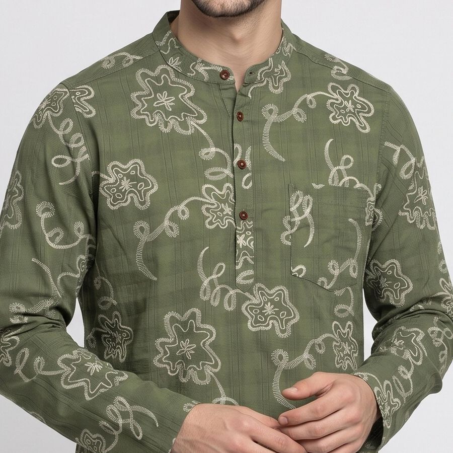 Men's Olive Green Cotton Mandarin Collar Floral Printed Kurta, ओलिव, large