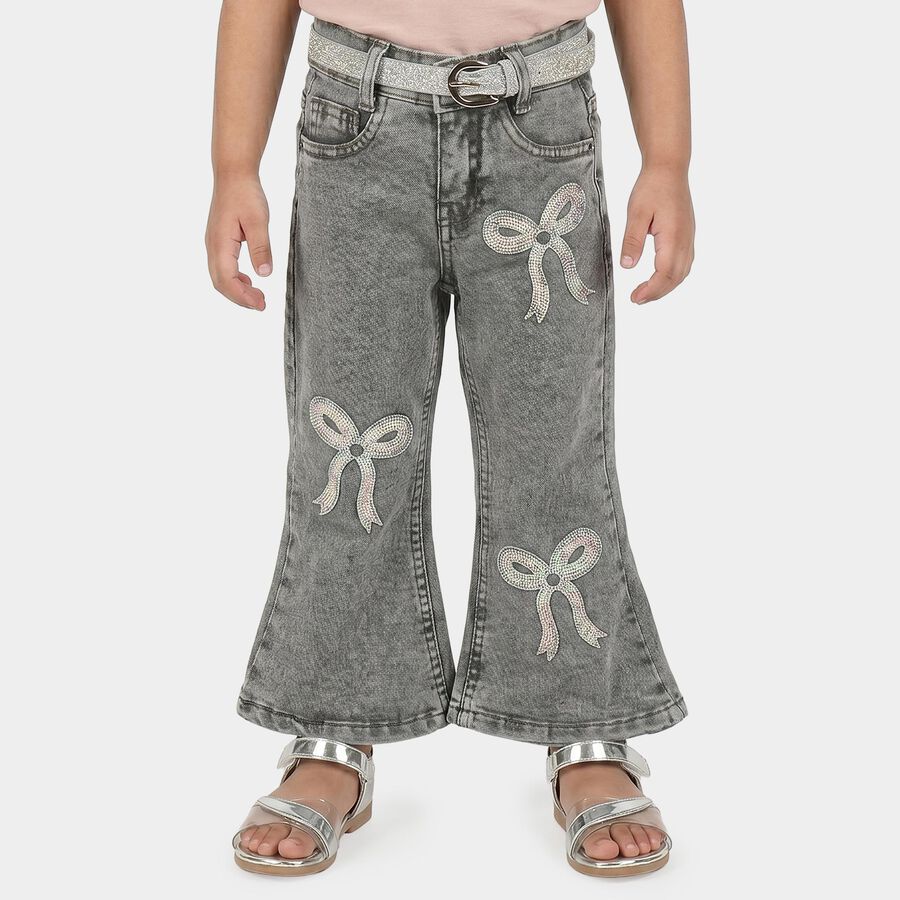Girls Grey Flared Fit Sequin Applique Jeans, Light Grey, large