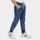 Boys' Blue Jogger Fit Printed Jeans, गहरा नीला, small