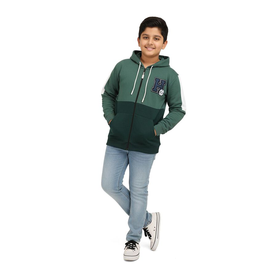 Boys Dark Green and Green Hoodie Neck Casual Sweatshirt, गहरा हरा, large image number null