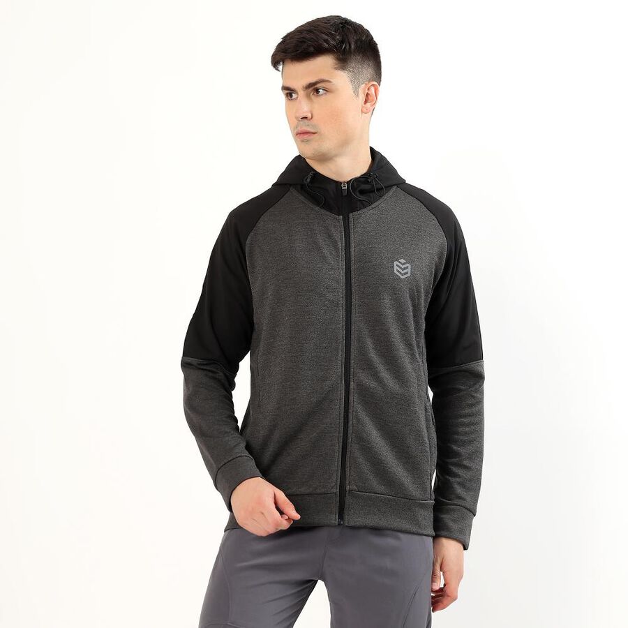 Men's Dark Charcoal Grey and Black Hooded Neck Athletic Fit Sweatshirt, मिश्रित मध्यम ग्रे, large image number null