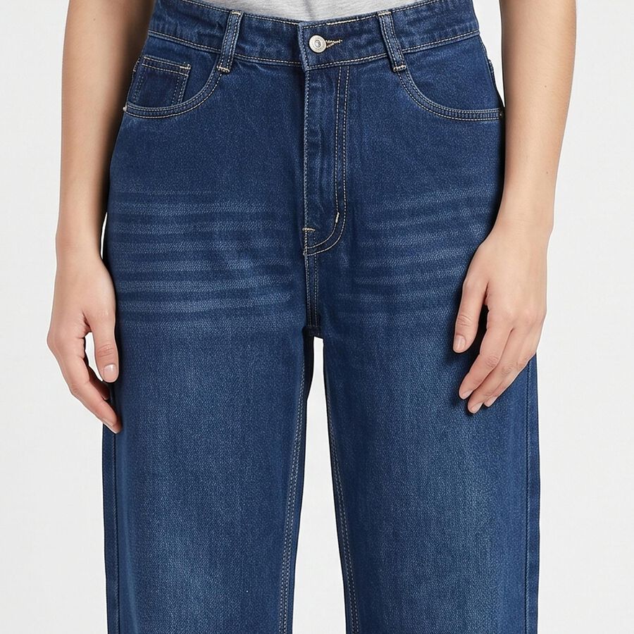 Women's Blue Wide Leg Washed Jeans, Mid Blue, large