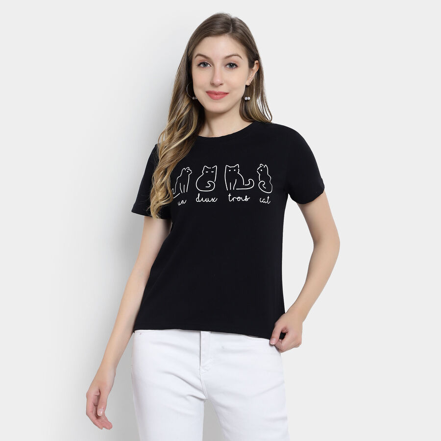 Round Neck T-Shirt, काला, large image number null