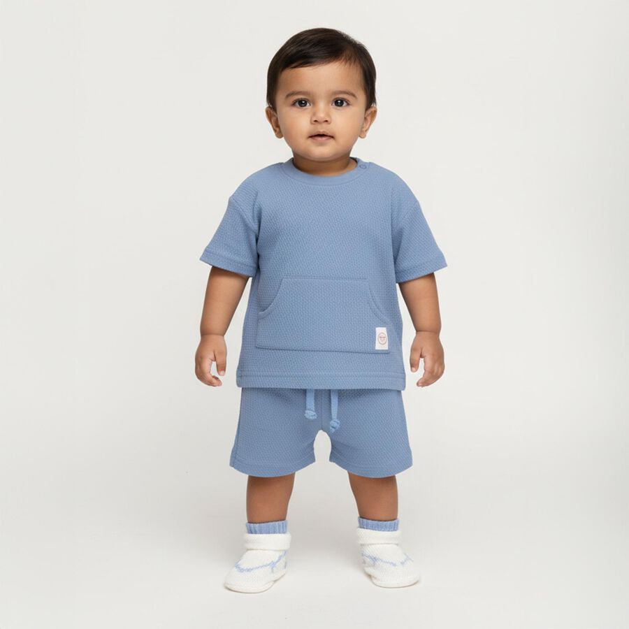 Infants Soft Baby Blue Textured Cotton Baba Suit, मध्यम नीला, large image number null