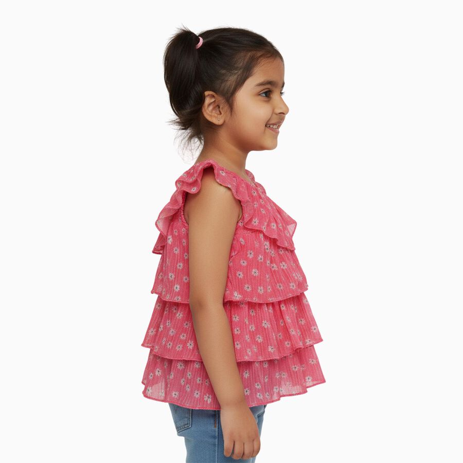Girls Bright Pink Round Neck Casual Sleeveless T-Shirt, Pink, large