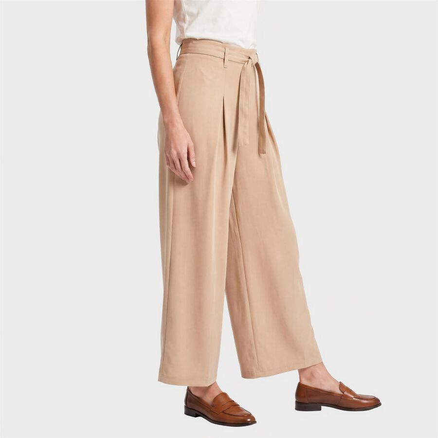 Women's Beige Wide Leg Pleated Trousers, गहरा पीला, large