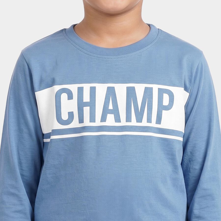 Boys Blue Cotton Blend Crew Neck Regular T-Shirt, Mid Blue, large