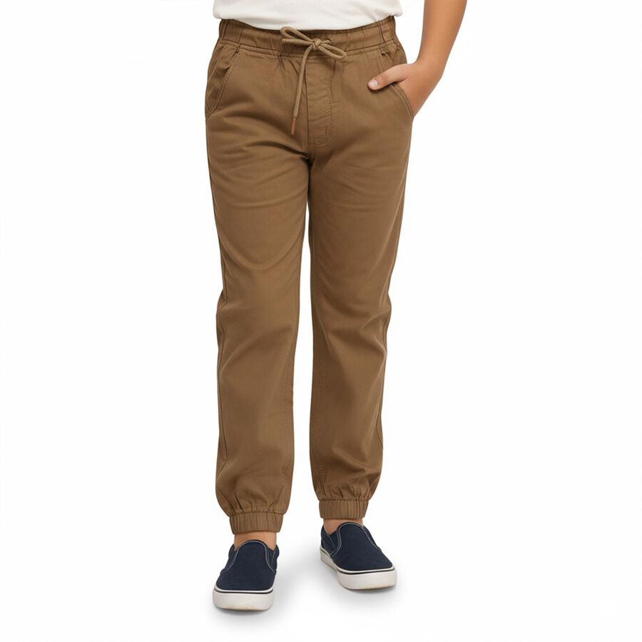 Boys Warm Brown Regular Fit Elastic Waist Jogger Trousers, भूरा, large image number null