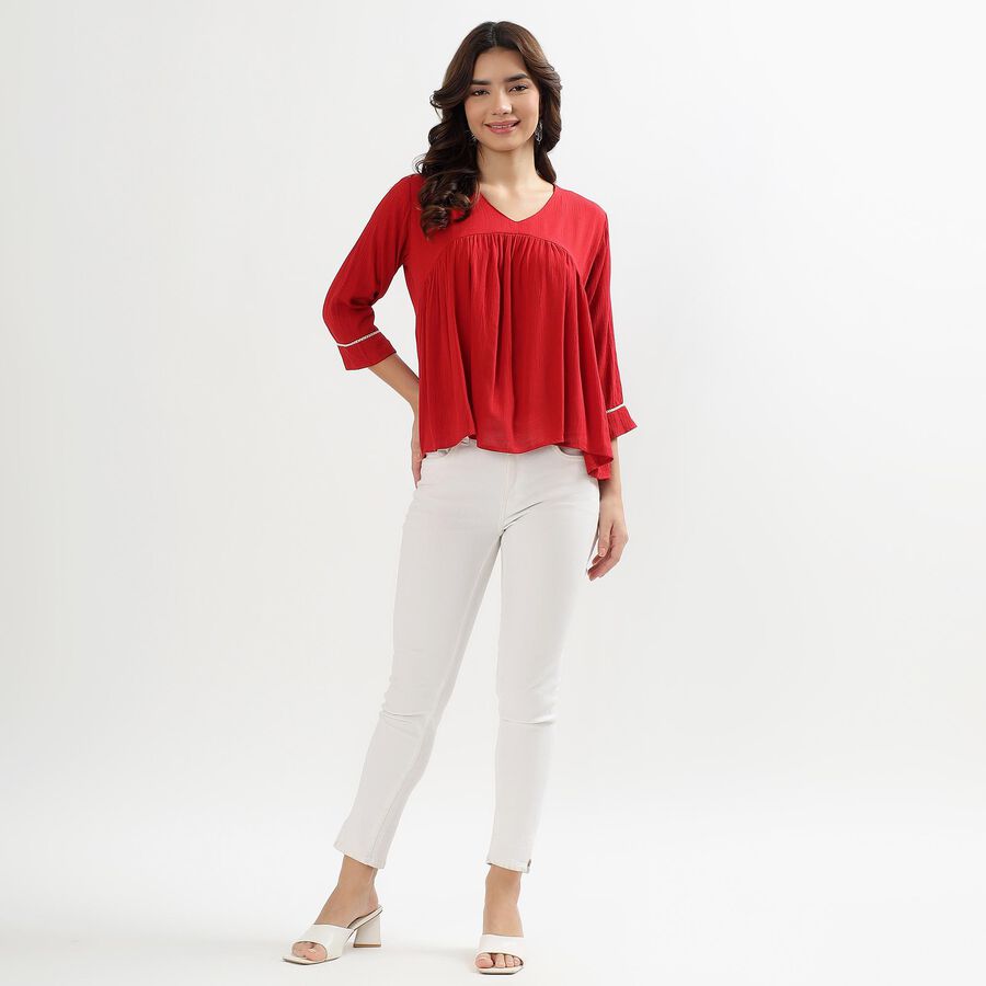 Ladies' Rich Crimson Red V-Neck Pleated Printed Kurti, Maroon, large image number null