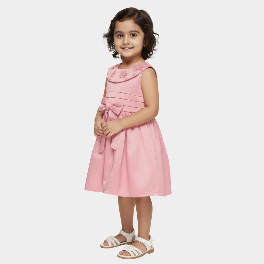 Girls' Soft Pink Floral Embellished Sleeveless Party Frock, Pink, large image number null