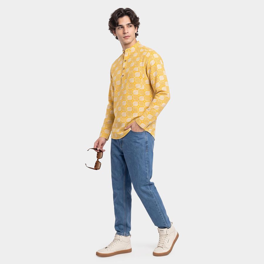 Men's Yellow 100% Cotton Mandarin Collar Printed Kurta, पीला, large