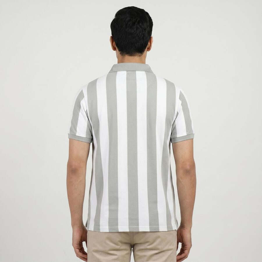 Men's Grey Polo Neck Striped T-Shirt, Light Grey, large