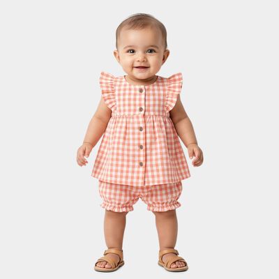 Infant Peach Cotton Ruffle Sleeve Top and Bloomers Set